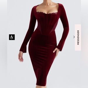 House of CB Solaine Lace Trim Long Sleeve Velvet Midi Dress In Wine Size M